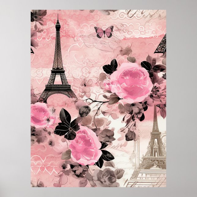 Chic Pink Black & White Eiffel Tower Paris French Poster (Front)