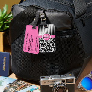 Chic Pink, Black, White Stripes, Monogrammed Luggage Tag