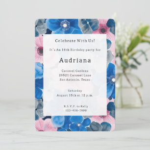 Chic Pink Blue Floral Birthday Invitation