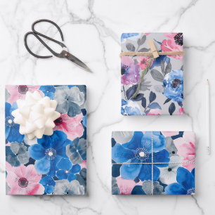 Chic Pink Blue Floral Birthday Wrapping Paper Sheet