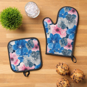 Chic Pink Blue Floral Bridal Shower Oven Mitt & Pot Holder Set