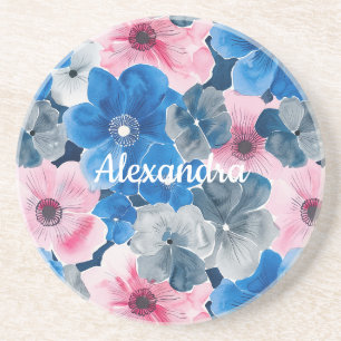Chic Pink Blue Floral  Coaster