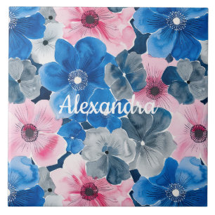 Chic Pink Blue Floral  Tile