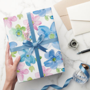Chic Pink Blue Flowers Birthday Wrapping Paper