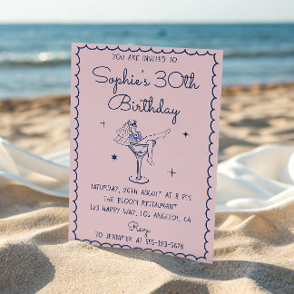 Chic Pink & Blue Martini Glass 30th Birthday Invitation