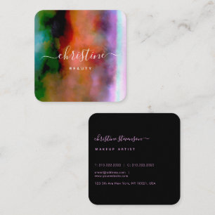 Chic Pink Blue Orange Watercolor Abstract Script Square Business Card
