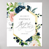 Chic Pink Blue Rose Floral Bridal Shower Welcome