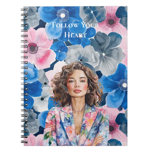 Chic Pink Blue Summer City Brown Hair Girl Notebook (Front)