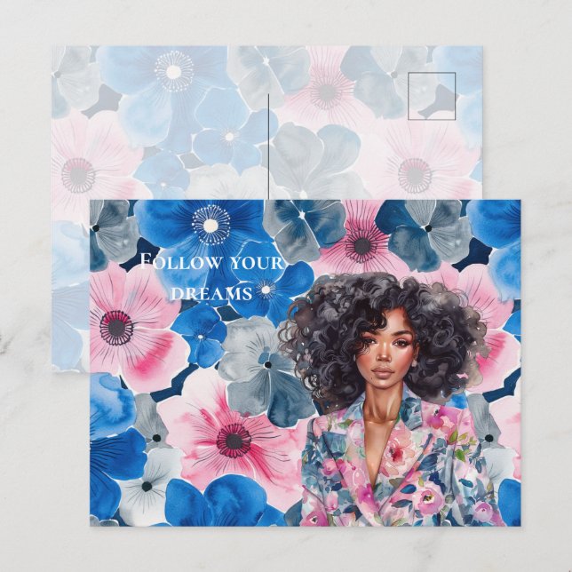 Chic Pink Blue Summer Floral Black Girl Postcard (Front/Back)