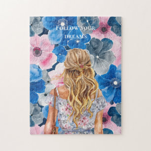 Chic Pink Blue Summer Floral Blonde Girl Jigsaw Puzzle