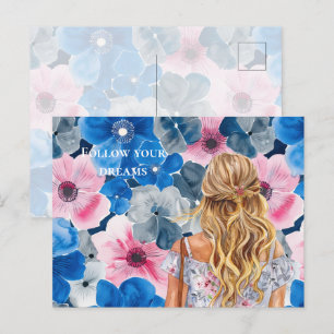 Chic Pink Blue Summer Floral Blonde Girl Postcard