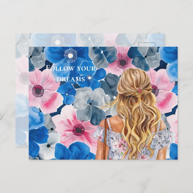 Chic Pink Blue Summer Floral Blonde Girl Postcard (Front/Back)
