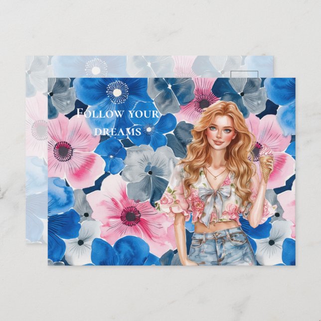 Chic Pink Blue Summer Floral Red Hair Girl Postcard (Front/Back)