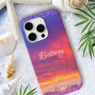 Chic pink blue sunset photo confetti custom script iPhone 16 pro case
