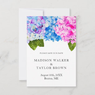 Chic Pink Blue Watercolor Floral Hydrangea Wedding Save The Date