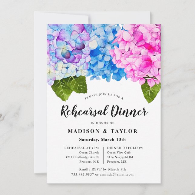 Chic Pink Blue Watercolor Floral Rehearsal Dinner Invitation (Front)
