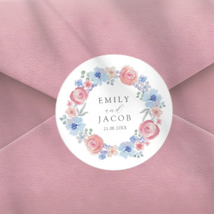 Chic Pink & Blue Watercolor Floral wedding Classic Round Sticker