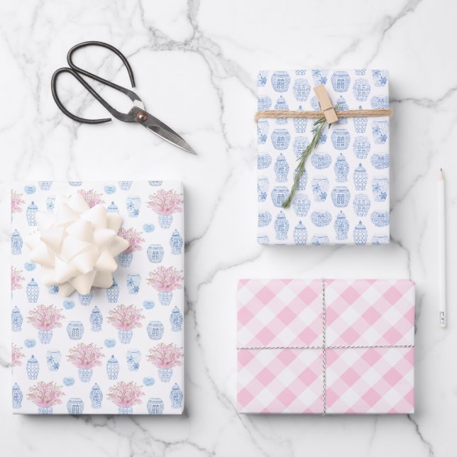 Chic Pink Blue White Ginger Jars Baby Girl Shower Wrapping Paper Sheet (Front)