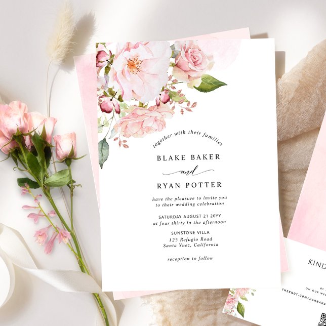 Chic Pink, Blush and Rose Gold Floral Wedding Invitation (Creator Uploaded)