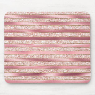 Chic Pink Blush Faux Glitter Stripes Mouse Mat