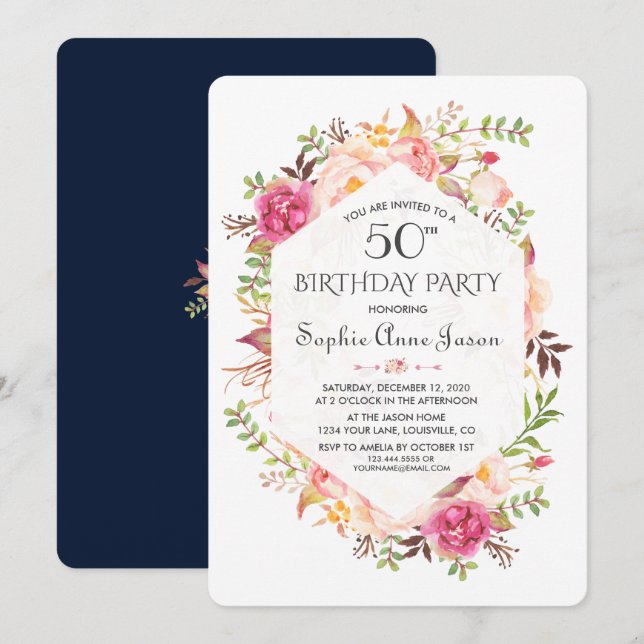 Chic Pink Blush Floral Navy Blue Birthday Party Invitation (Front/Back)