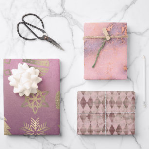 Chic Pink Blush Marble Harlequin Christmas Symbols Wrapping Paper Sheet