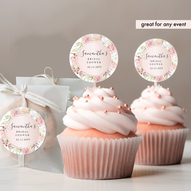 Chic Pink, Blush Rose Gold Floral Any Event Favour Classic Round Sticker (Creator Uploaded)