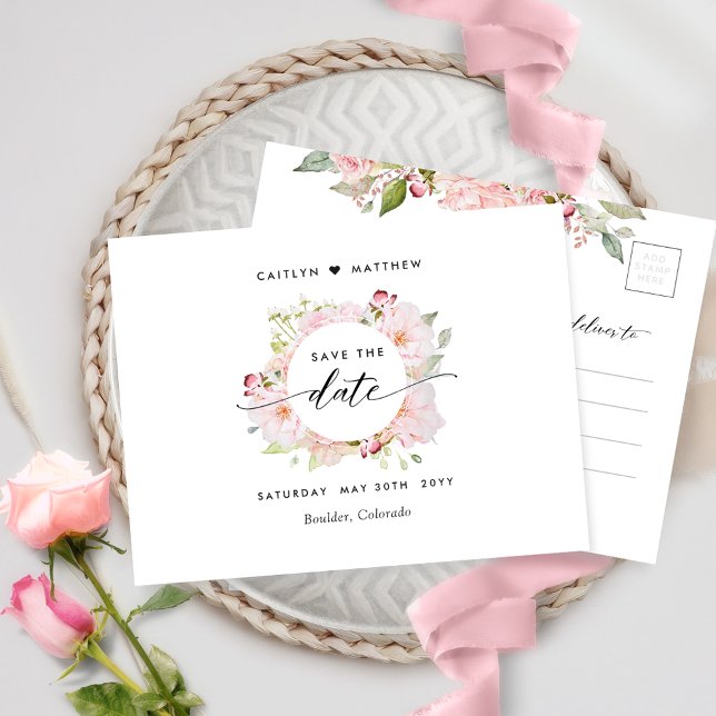 Chic Pink, Blush, Rose Gold Wedding Save The Date Postcard (Creator Uploaded)
