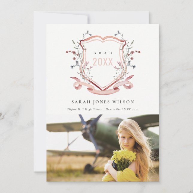Chic Pink Blush Wildflower Crest Photo Graduation Announcement (Front)