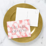 Chic Pink Bokeh Lights Faux Silver You Are Amazing Postcard<br><div class="desc">Chic motivational postcard featuring the words "You Are Amazing" in faux silver foil against a pink bokeh lights pattern background. To add text to the the card click the "Customise" button. *Please note that the Zazzle Watermark that appears in the zoom preview will NOT appear on the final printed product....</div>