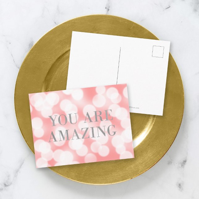 Chic Pink Bokeh Lights Faux Silver You Are Amazing Postcard (Creator Uploaded)