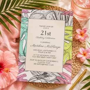 Chic Pink Botanical Tropical Palm Leaf 21st Invitation