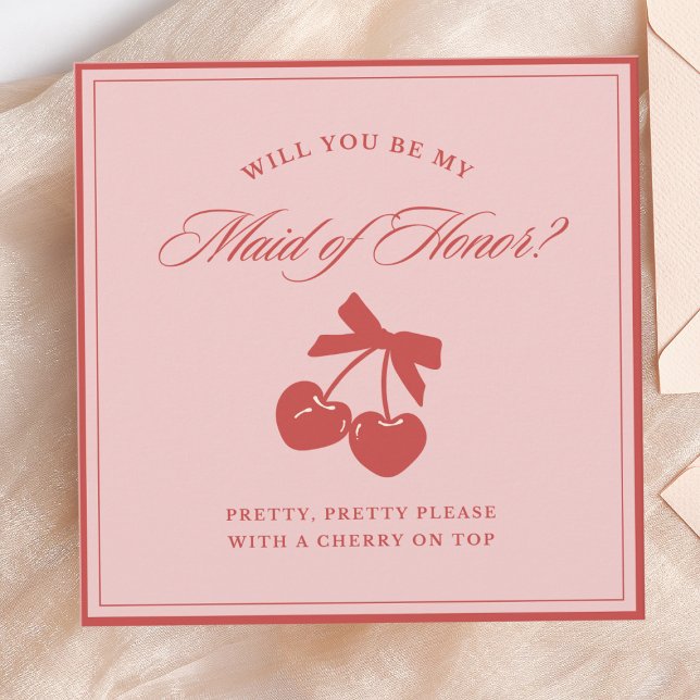 Chic Pink Bow & Cherry Maid of Honour Proposal Car Invitation (Say it with cherries! This playful maid of honor card is a sweet, fun way to pop the question.)