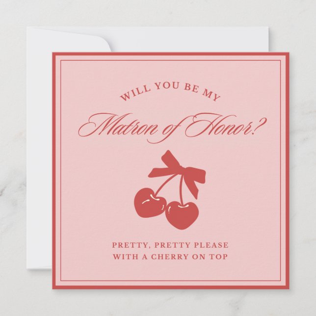 Chic Pink Bow Cherry Matron of Honour Proposal Car Invitation (Front)