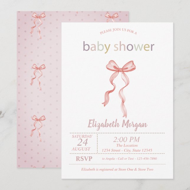 Chic Pink Bow Dotted Baby Shower  Invitation (Front/Back)