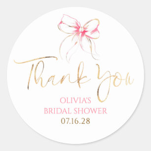 Chic Pink Bow Favors Bridal Shower Thank You  Classic Round Sticker