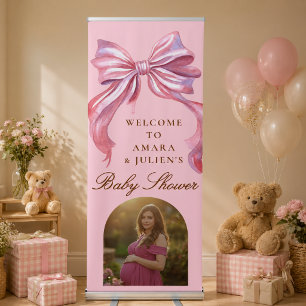 Chic Pink Bow Girl Baby Shower Photo Welcome Retractable Banner