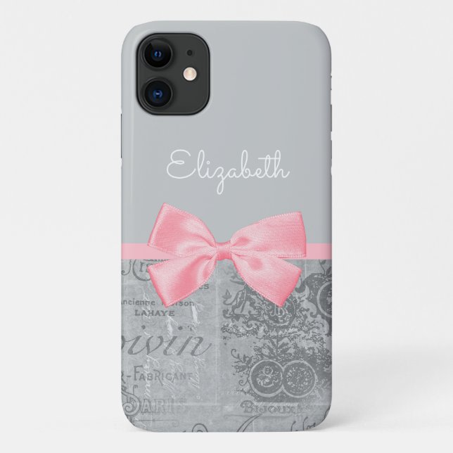  Chic Pink Bow Girly Parisian Ephemera and Name Case-Mate iPhone Case (Back)