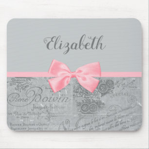 Chic Pink Bow Girly Parisian Ephemera and Name Mouse Mat