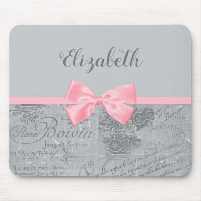 Chic Pink Bow Girly Parisian Ephemera and Name Mouse Mat (Front)