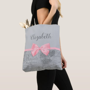 Chic Pink Bow Girly Parisian Ephemera and Name Tote Bag