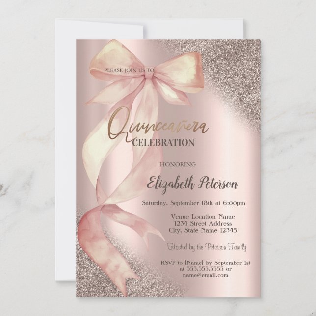 Chic Pink Bow Glitter Rose Gold  Quinceañera Invitation (Front)
