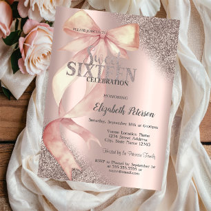 Chic Pink Bow Glitter Rose Gold Sweet 16  Invitation