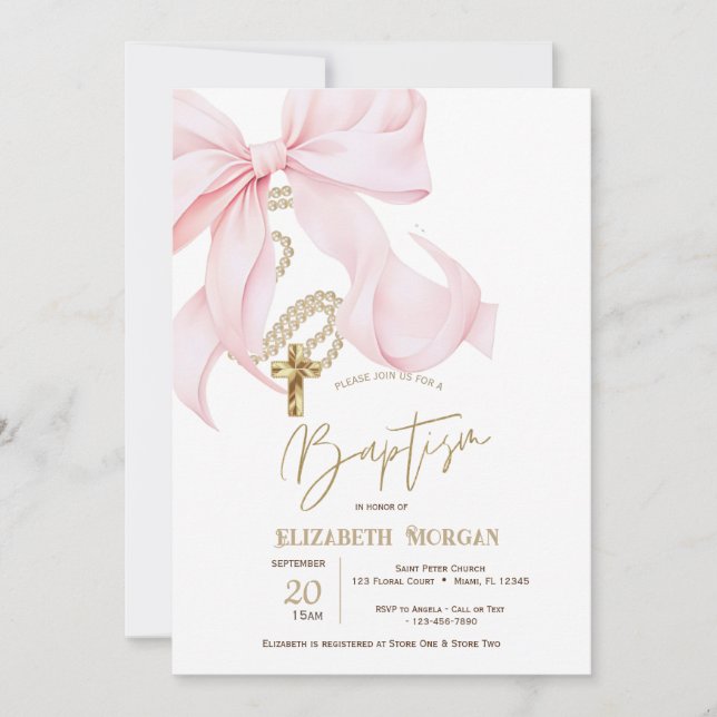 Chic Pink Bow Pearls Cross Dots Baptism Invitation (Front)