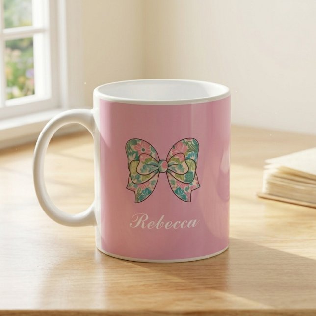 Chic Pink Bow Personalized Name Two-Tone Mug  (Creator Uploaded)