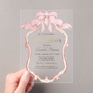 Chic Pink Bow Retro Frame Baby Shower Acrylic Invitations