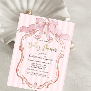 Chic Pink Bow Retro Frame Striped Baby Shower Invitation