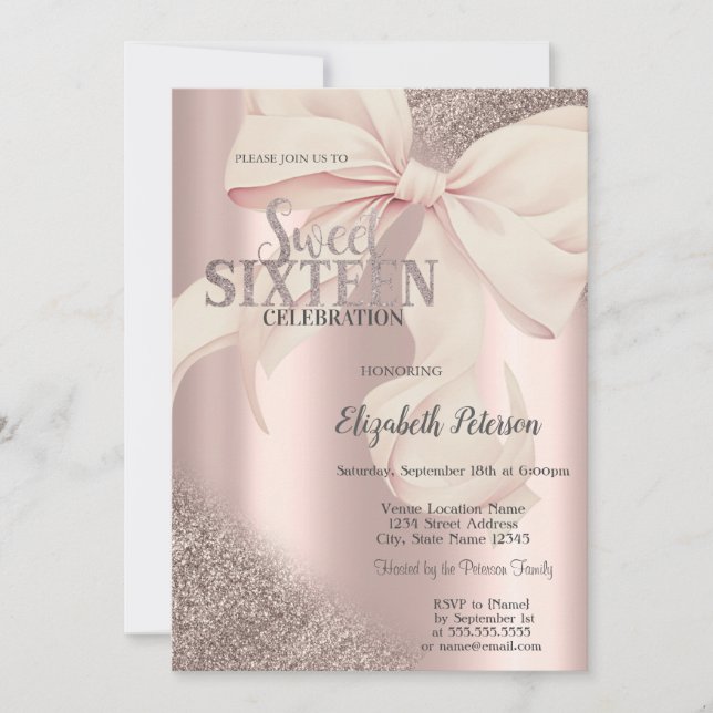 Chic Pink Bow Rose Gold Sweet 16  Invitation (Front)