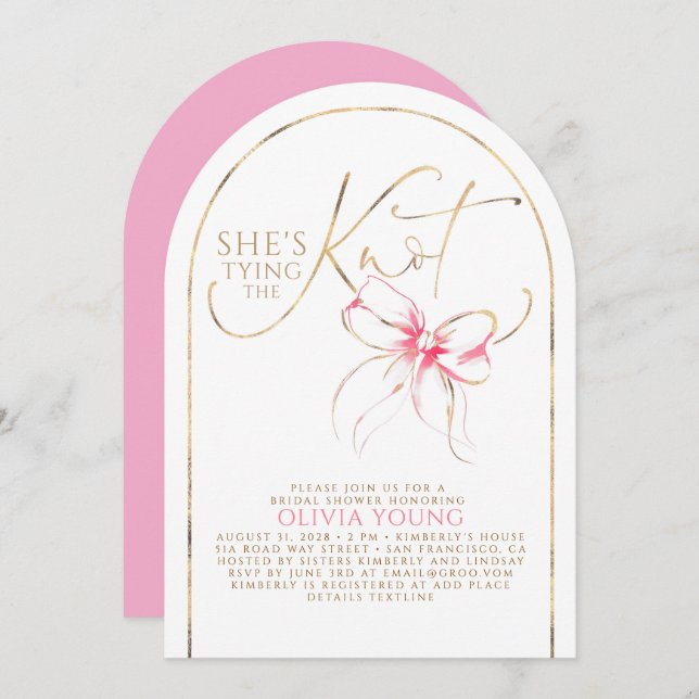 Chic Pink Bow She's Tying The Knot Bridal Shower Invitation (Front/Back)