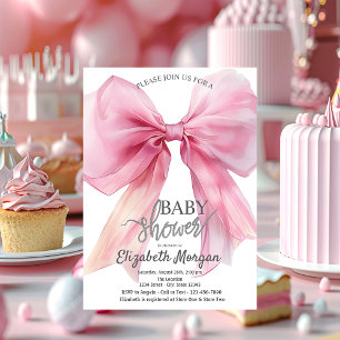 Chic Pink Bow Striped Baby Shower Invitation